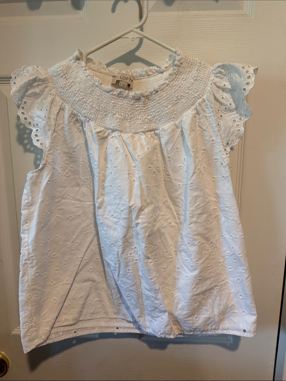 LOFT White Eyelet Smocked Flutter Sleeve Blouse